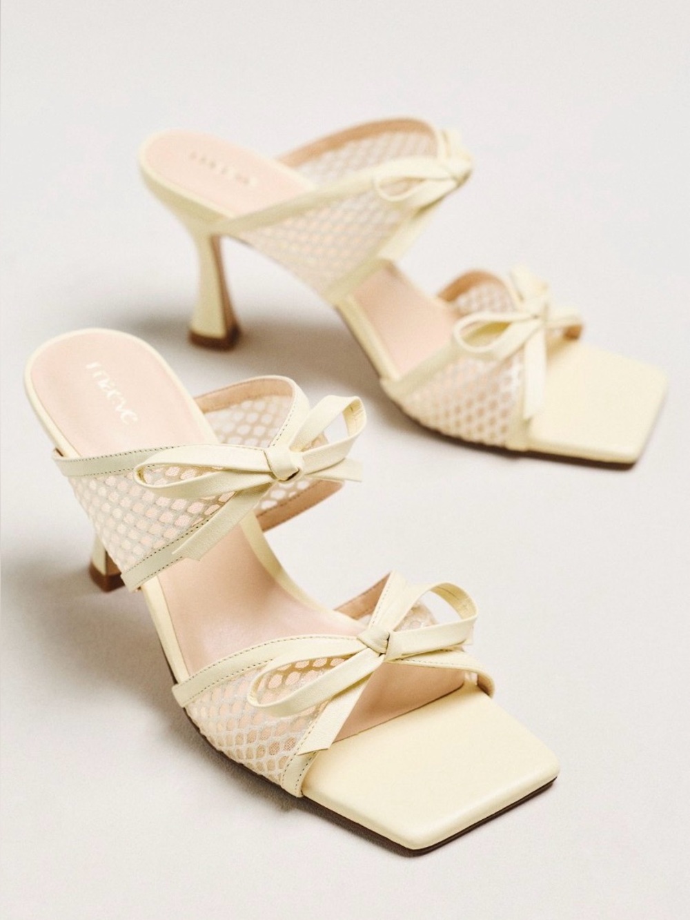 Anthropologie Maeve Mesh Double-Bow Open-Toe Heels Mules NWT Pale Yellow 9